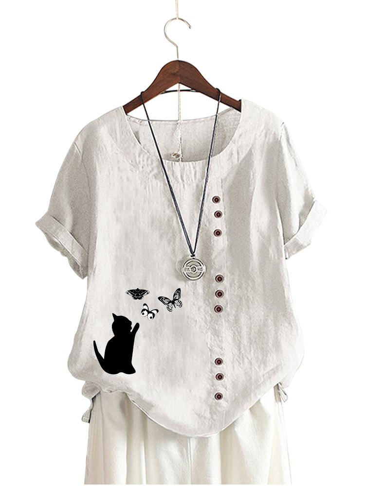 Women S Short Sleeve Pullover Loose Fit Printed T Shirt XS белый