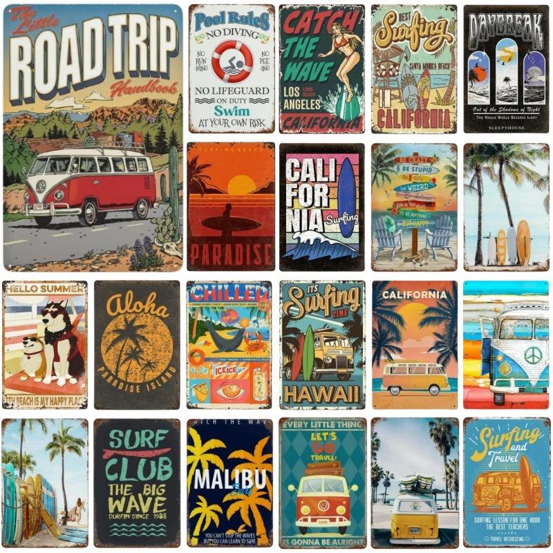 Vintage Metal Tin Signs Poster Hawaii Beach Party Poster Surfing Paradise for Beach Bar Cafe Club Home Room Wall Decor