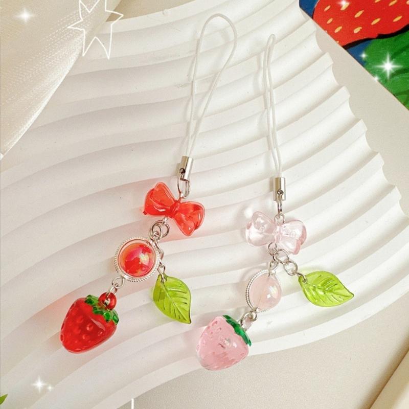 Stylish Acrylic Strawberry Green Leaf Phone Strap Mobile Hanging Decoration Charm for Decorative Fashion Use