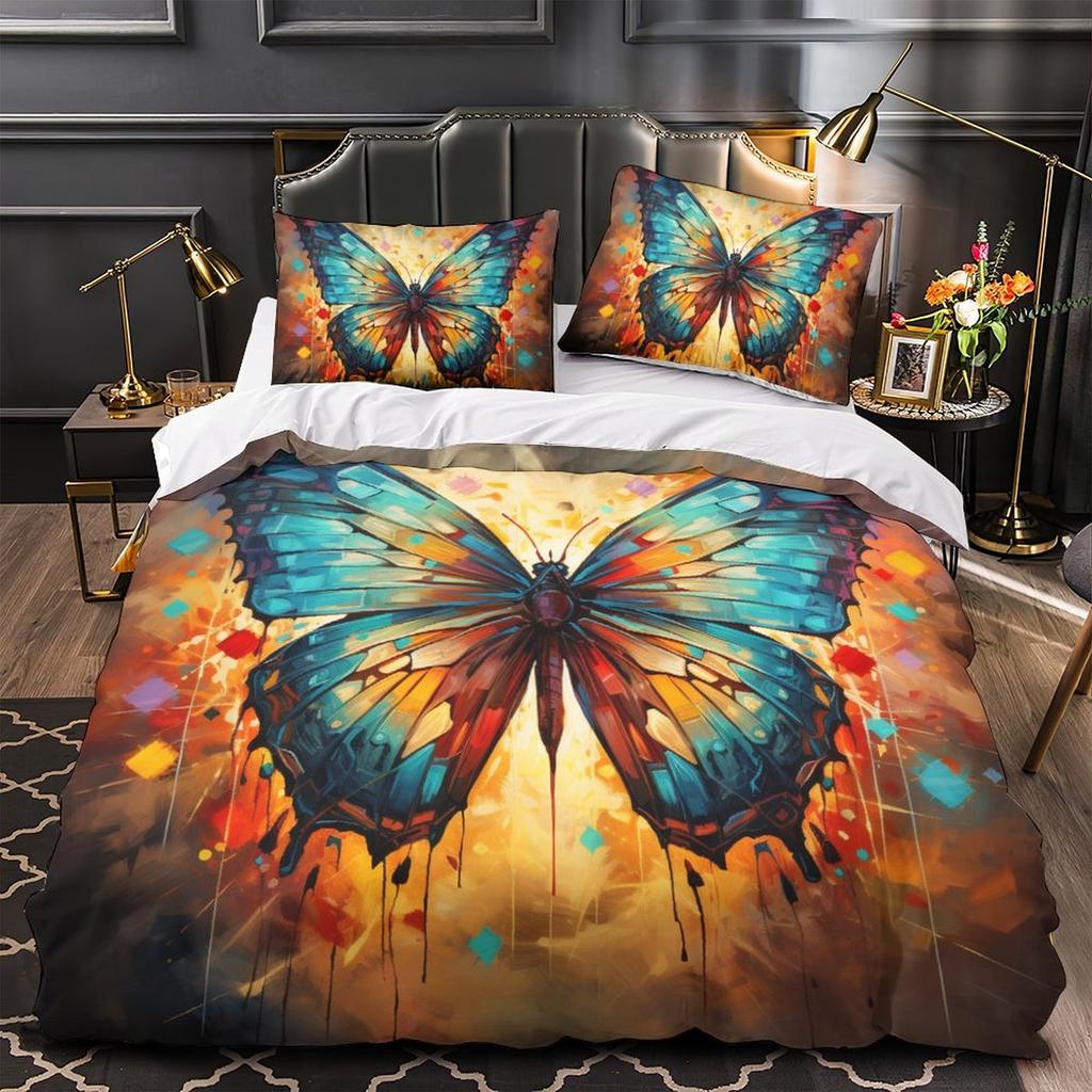 3D Colorful Butterfly Bedding Set Fashion Quick Drying Duvet Cover Pillow Case 2/3pcs Girl Kids Women's Soft Cover for Full Size Bed