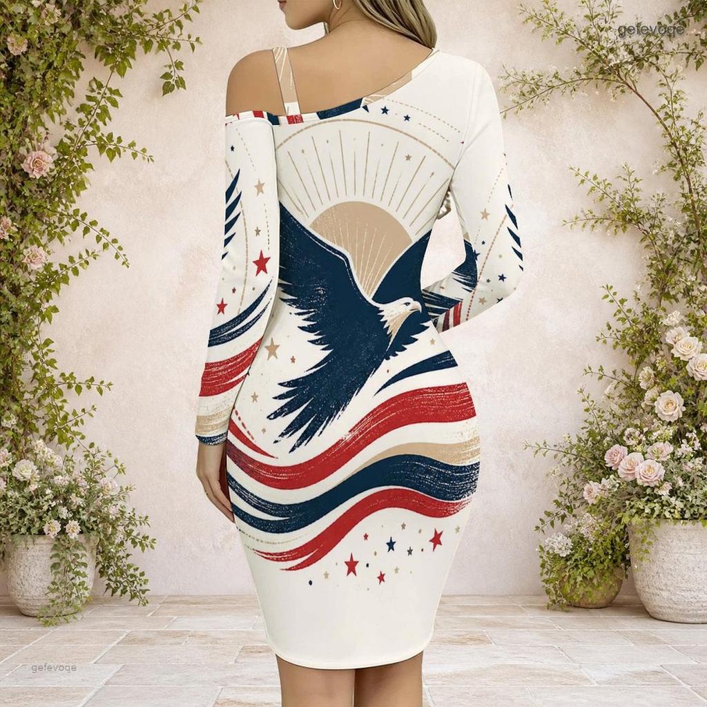 Women Plus Size Cold Shoulder Long Sleeve Printed Chain Strap Asymmetrical Hem Bodycon Dress