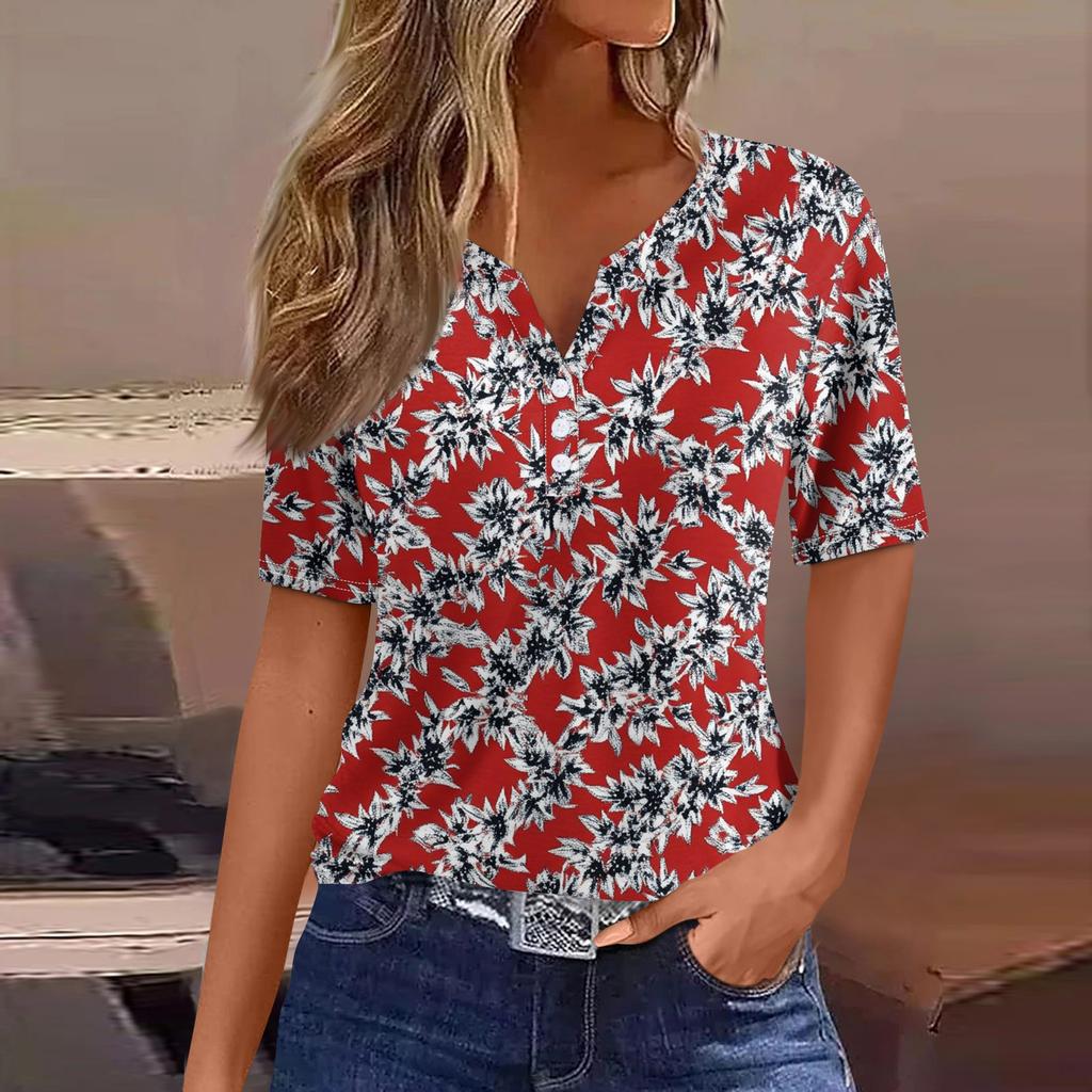 Women's T Shirt Tee Print Button Short Sleeve Daily Weekend Fashion Basic V- Neck Regular Top