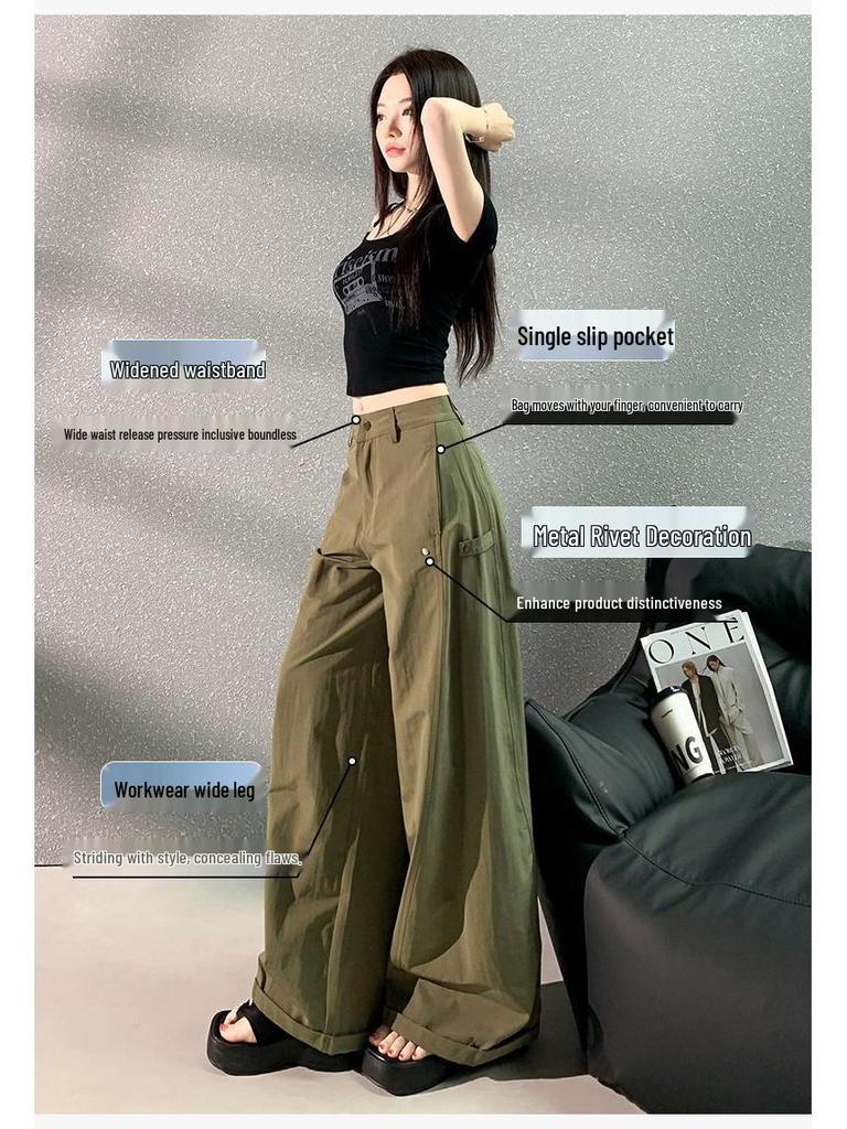 Women's American Style Green Wide-Leg Workwear Pants - Summer Loose Fit, Thin, Floor-Length, Casual 2026.