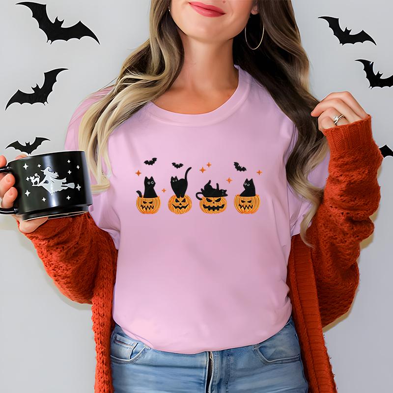 Black Cat Pumpkin Graphic T Shirts Women Trendy Halloween Retro Essential Classic Tops Cat Lover Spooky Season Halloween Tshirt