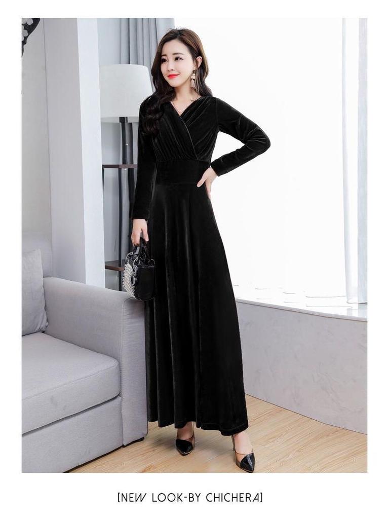 2025 Gold Velvet Long Slim Dress with Long Sleeves - Plus Size Women's Spring/Autumn Fashion