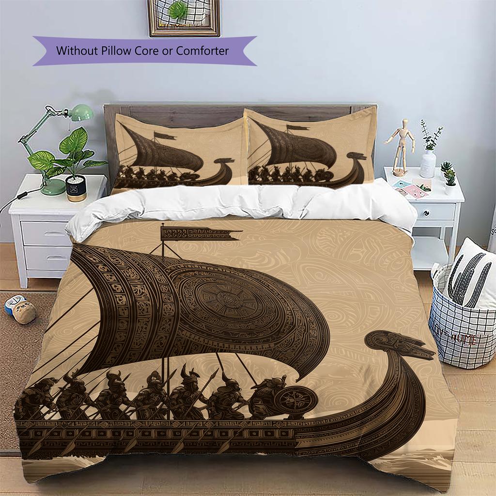 Viking Longship Pattern Bedding Home Decoration Birthday Gift (1 * duvet cover + 2 * pillowcase, without core)