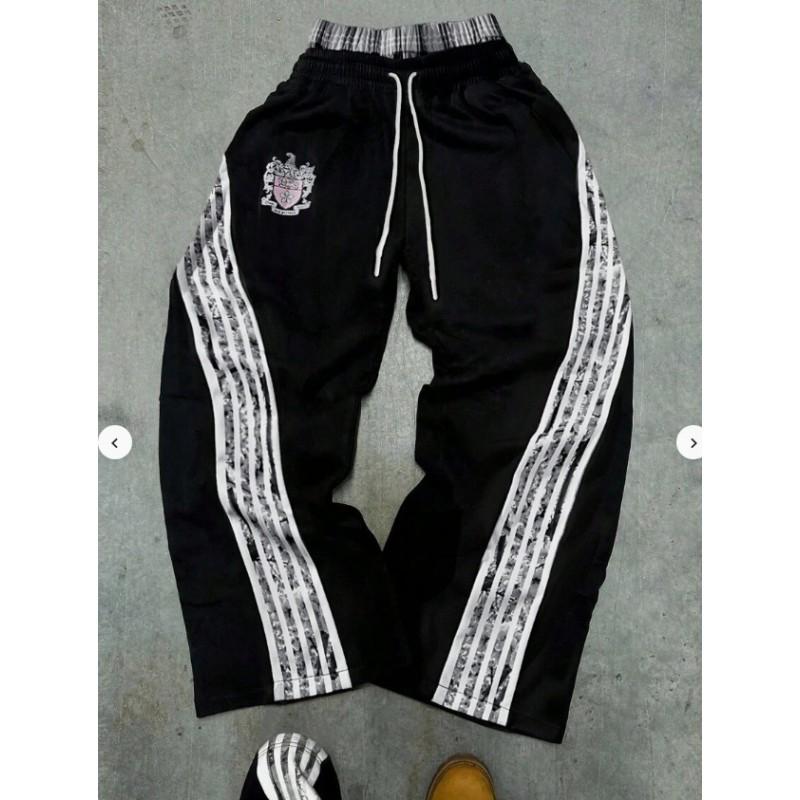 Pantalon de survêtement à rayures rétro avec badge imprimé lettre pour homme - Coupe ample droite - Streetwear - Pantalon décontracté