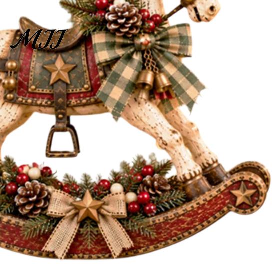 Resin Horse Figurine for Christmas Retro Rocking Ornament with Pine Cones Berries Holiday Tabletop Rustic Ornaments Home Decoration, Vintage Farmhouse