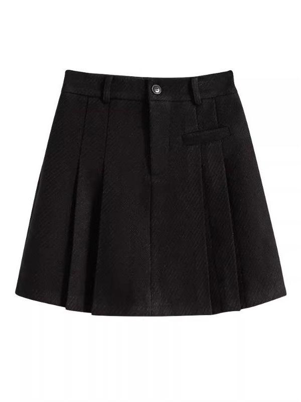 Women's High-Waist Wool Pleated Skirt - Autumn Winter Slim A-line, Anti-Exposure, Casual Short Skirt