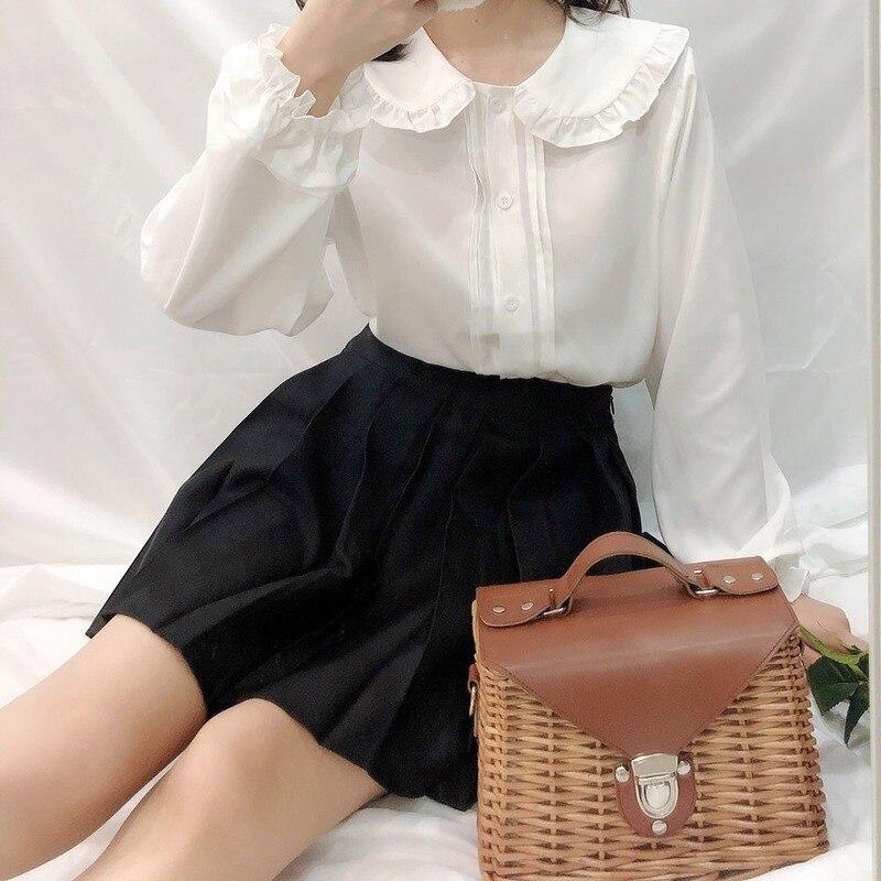Oversize White Shirt Women Kawaii Peter Pan Collar Blouses Button Up Long Sleeve Cute Ruffle Tops Lolita Style Mori Girl Aesthetic