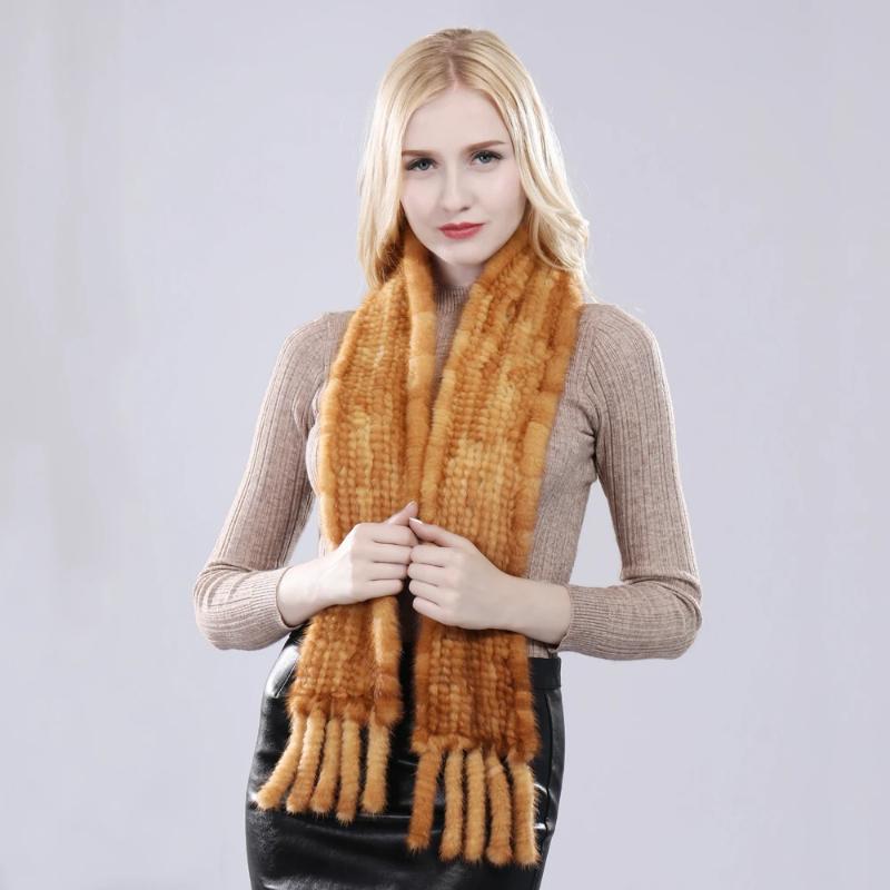 Women Hand Knitted Real Mink Fur Scarf Natural Warm Mink Fur Muffler Russia Lady Quality Tassel Genuine Mink Fur Scarves