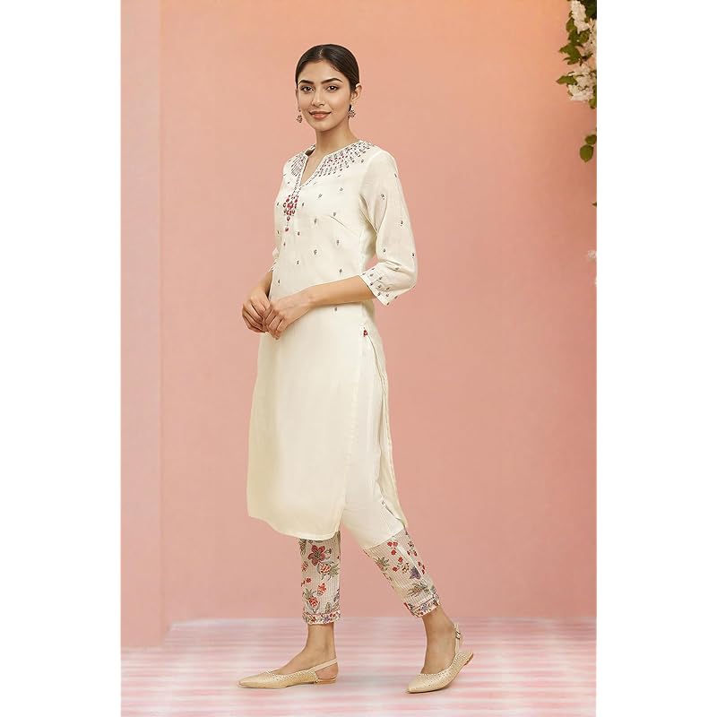 W for Woman Off W For Womanhite Floral Printed Sequined Blend Kurta Dupatta Bottomwear L белый