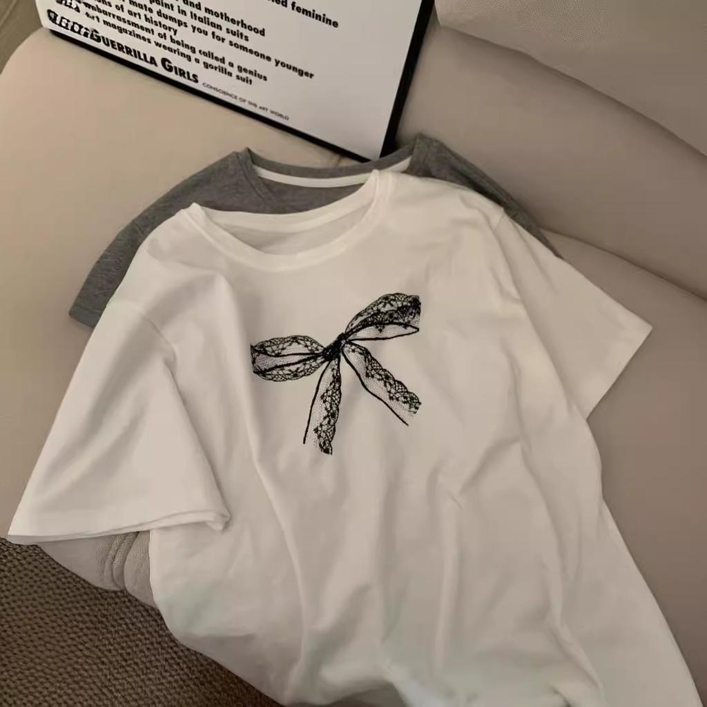 Korean lace bow print short-sleeved t-shirt women's summer new foreign style versatile small cotton top trendy