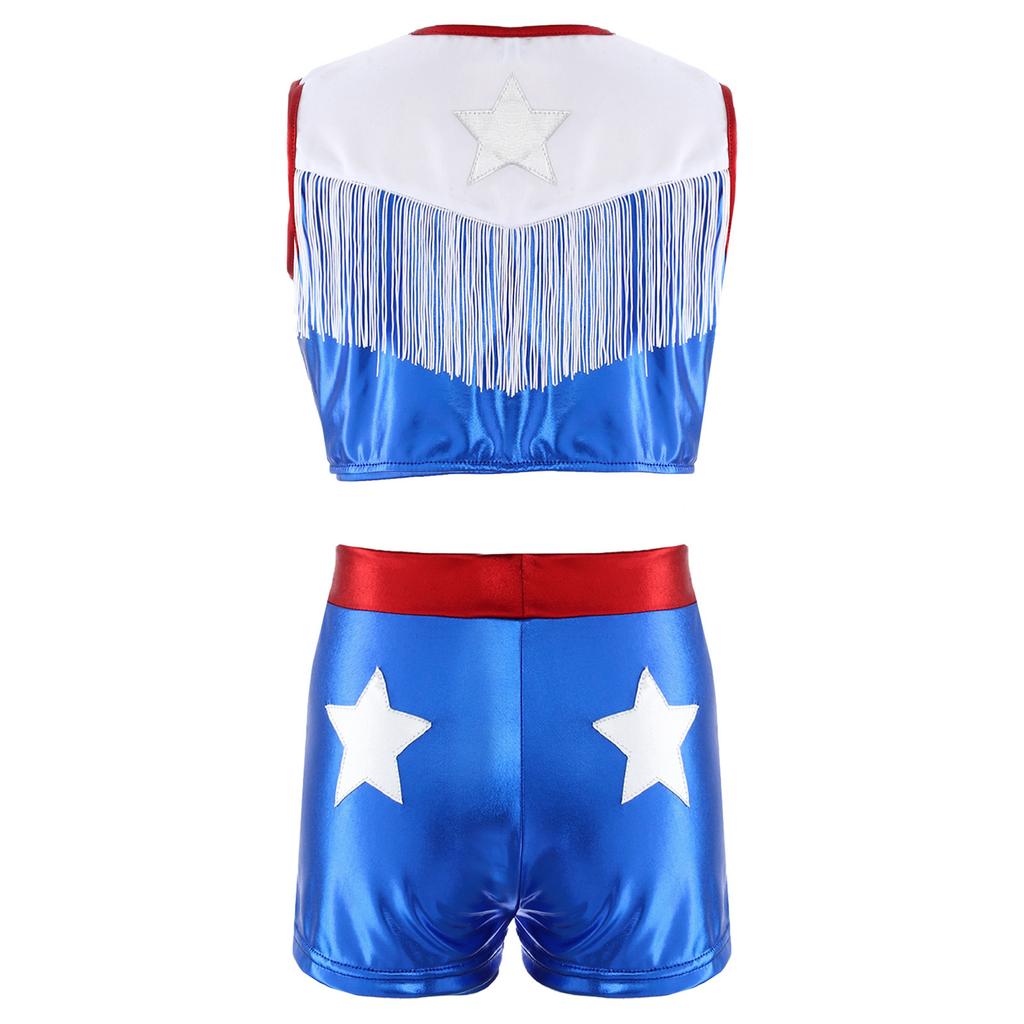 Children‘s Cowgirl Costume Set Sequins Metallic Fringe Sleeveless Top and Matching Shorts for Western Theme Fancy Ball Party