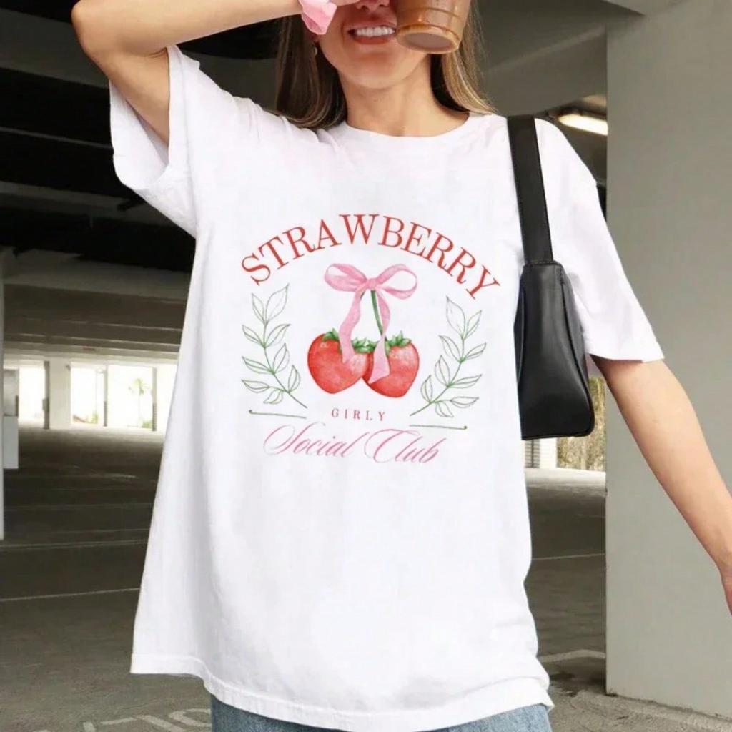 Strawberry Social Club Short Sleeved Kawaii Top Cartoon Print Fun Pattern Sweet T-Shirt Print Basic O-Neck Cute T-Shirt