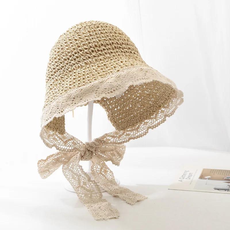 Women's Summer Lace Ribbon Straw Panama Hat Anti-UV Woven Cap with Ponytail Holder Sunshade Beach Outdoor Visor