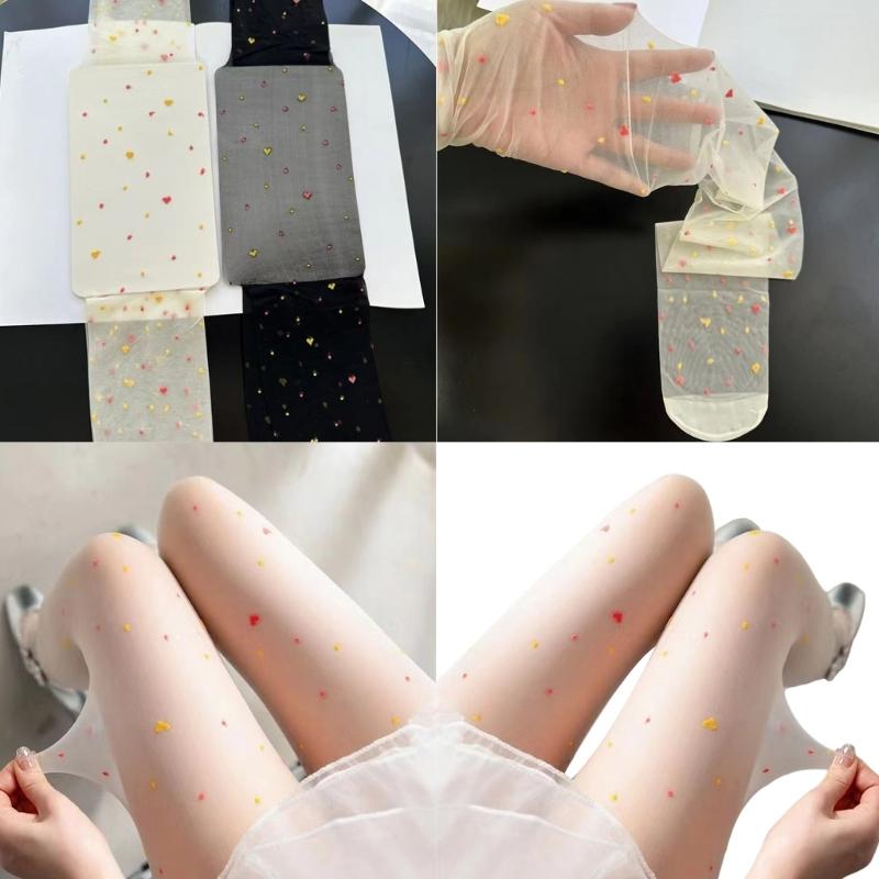 Fashion Forward Colorful Heart Dot Pattern Silk Hosiery Pantyhose Elegant Stretch See Through Tights Stockings for Women
