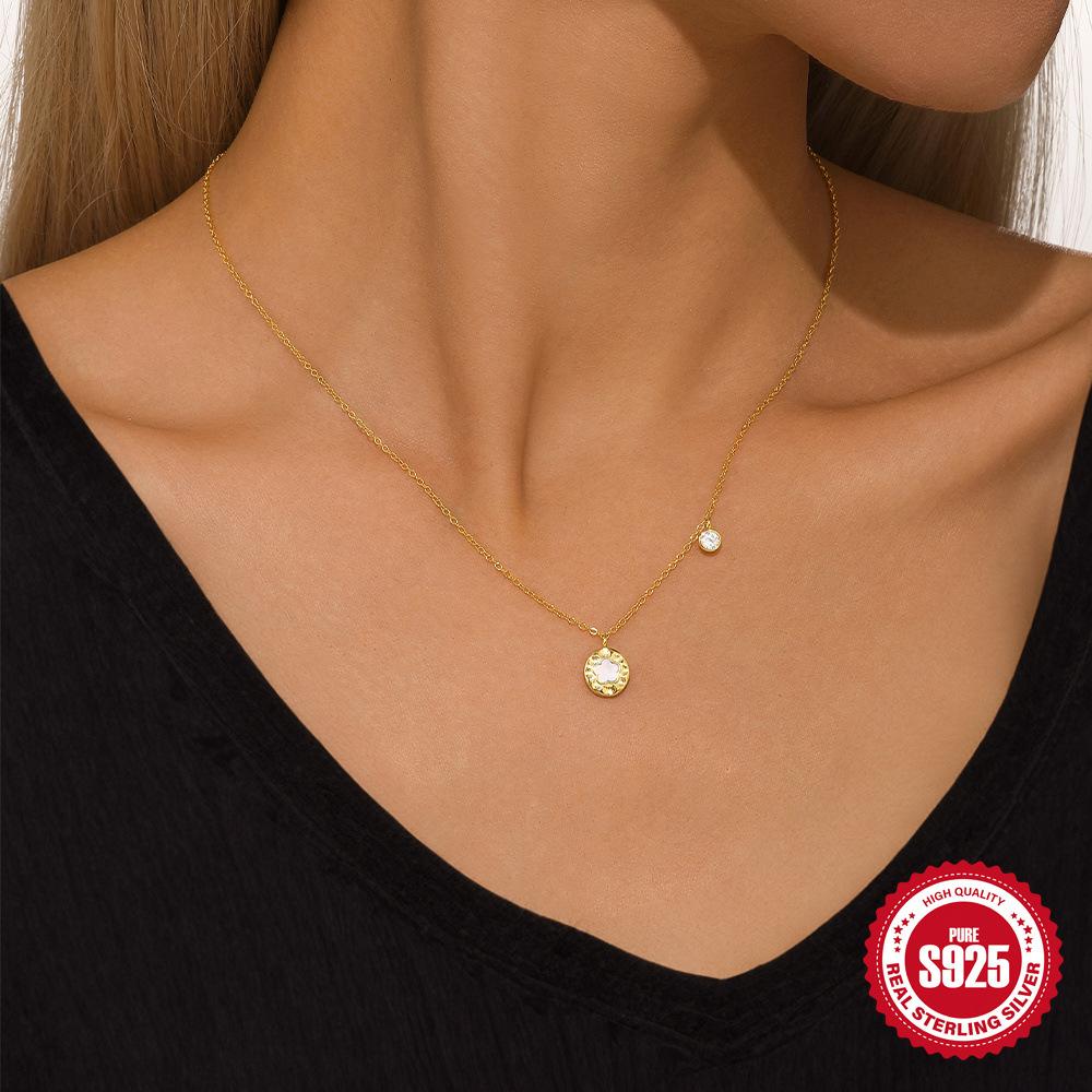 Fashion S925 Sterling Silver Five-Petaled Flower White Shell Style Simple Temperament Classic Women'S Collarbone Necklace Women