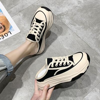 Ladies Slippers  Summer Baotou Half Slippers Woman's Versatile Casual Lace Up Canvas Sports Slippers Platform Shoes Outside