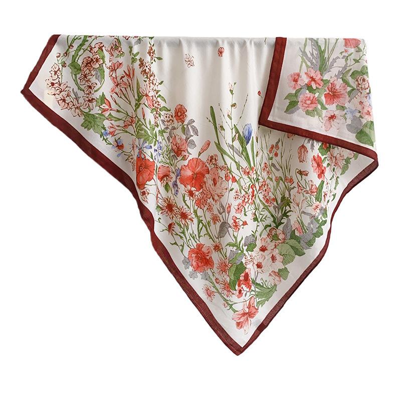 Korean Style Square Fresh Floral Printed Scarf Japanese and Korean Literary Style Lady Temperament Fashionable Travel Photo Outside Shawl