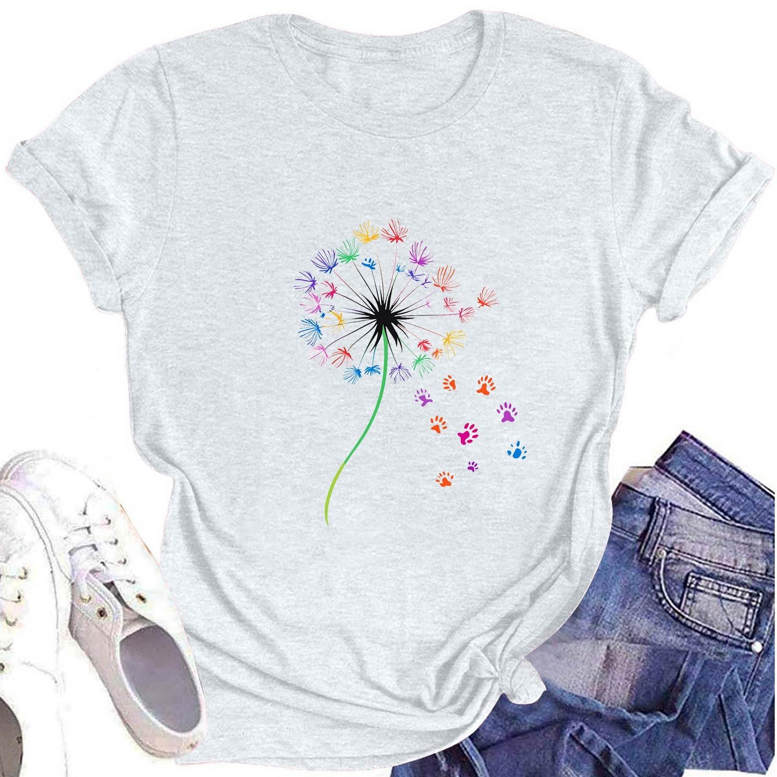 

Women s Fashion Round Neck Short Sleeve T-Shirt Floral Printed Casual Top XXL білий