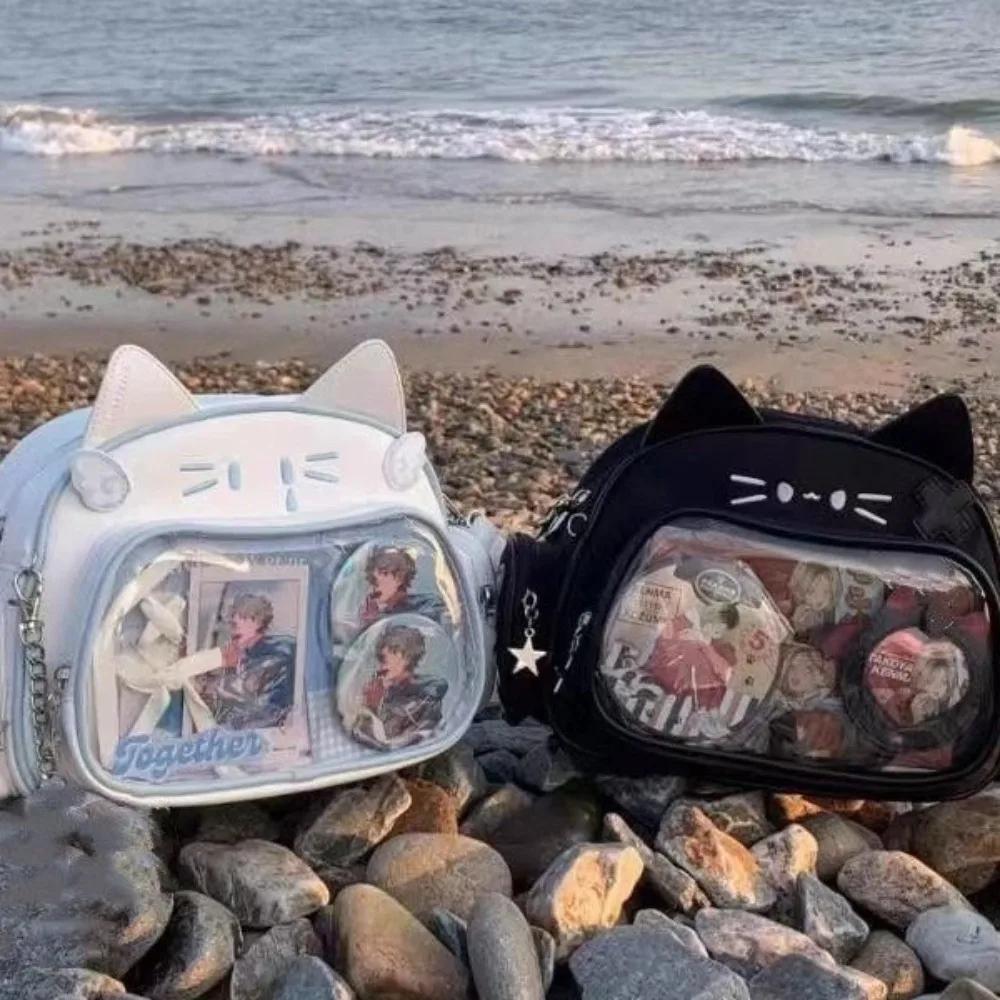 Y2K Koreanisch Kawaii Katze Lolita Tasche Niedliche PU Umhängetasche Mädchen Transparentes Fach Harajuku Umhängetasche Damenmode Rucksäcke