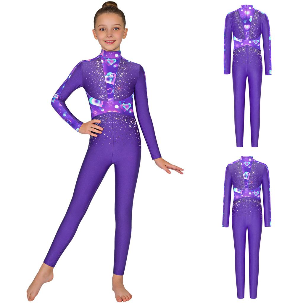 Girls Gymnastics Long Sleeve Leotard Shiny Sequins Rhinestones Back Invisible Zipper Full Body Ballet Figure Skating Performance