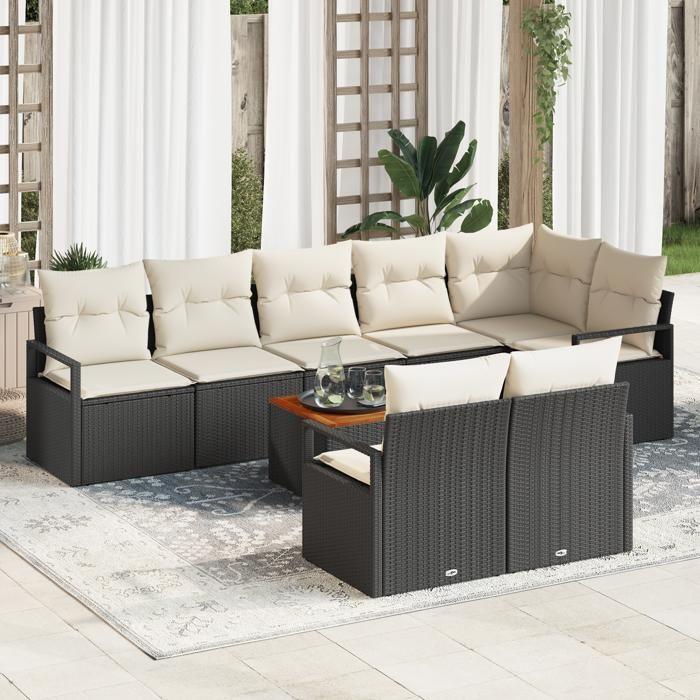 Ensemble de Canapé de Jardin de 9 Pièces avec Coussins en Rattan Poly Noir Acacia, Canapé de Jardin 2 Places avec Rangement 3356388