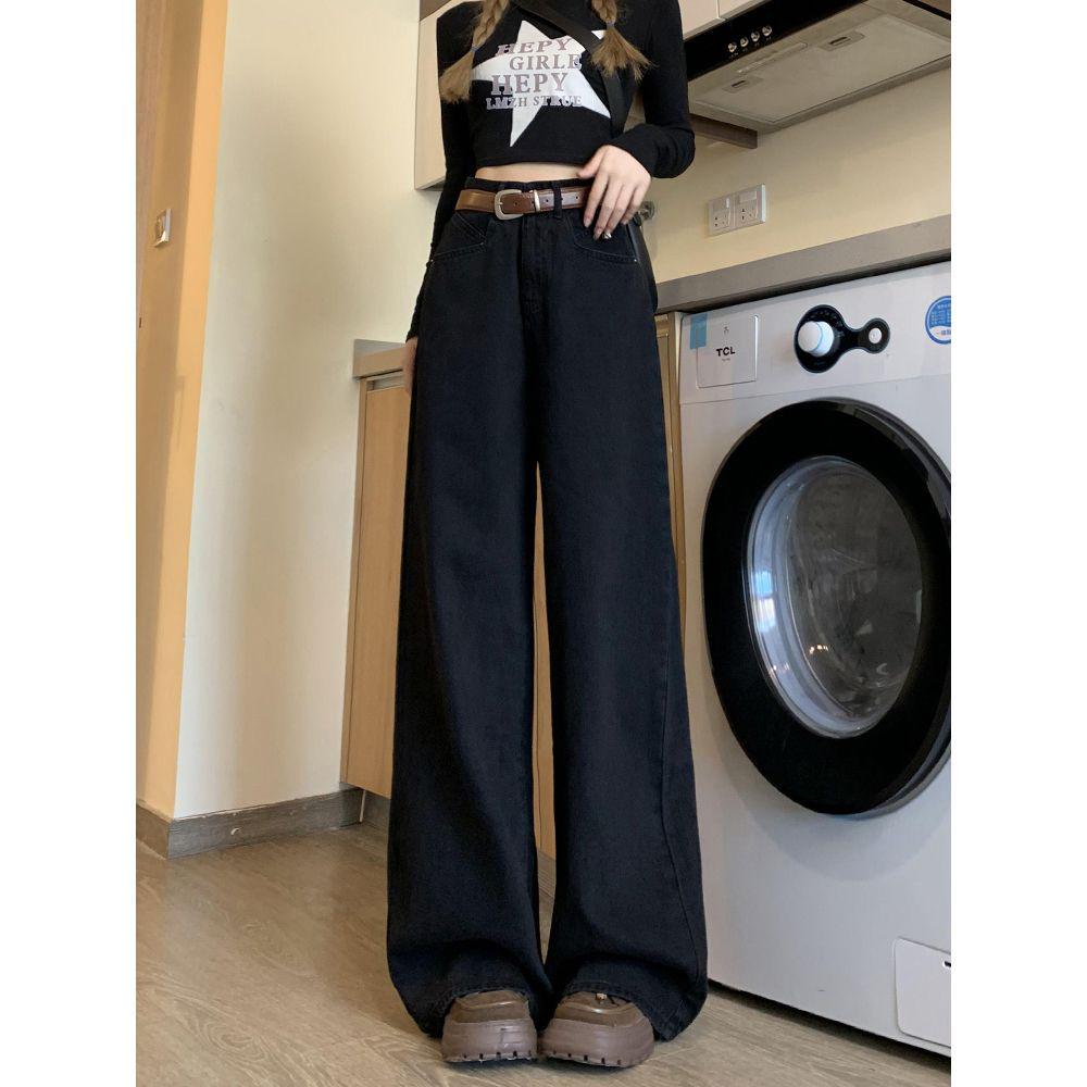 

Women s Washed Black High-Waisted Wide-Leg Jeans, Summer 2026 Collection - Loose, Slimming, Drapey, Floor-Length Pants S (80-95 Jin)
