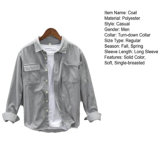 Men Autumn Shirt Single-breasted Loose Solid Color Long Sleeves Flap Pocket Dress Up Soft Turn-down Collar Spring Coat for Daily Wear