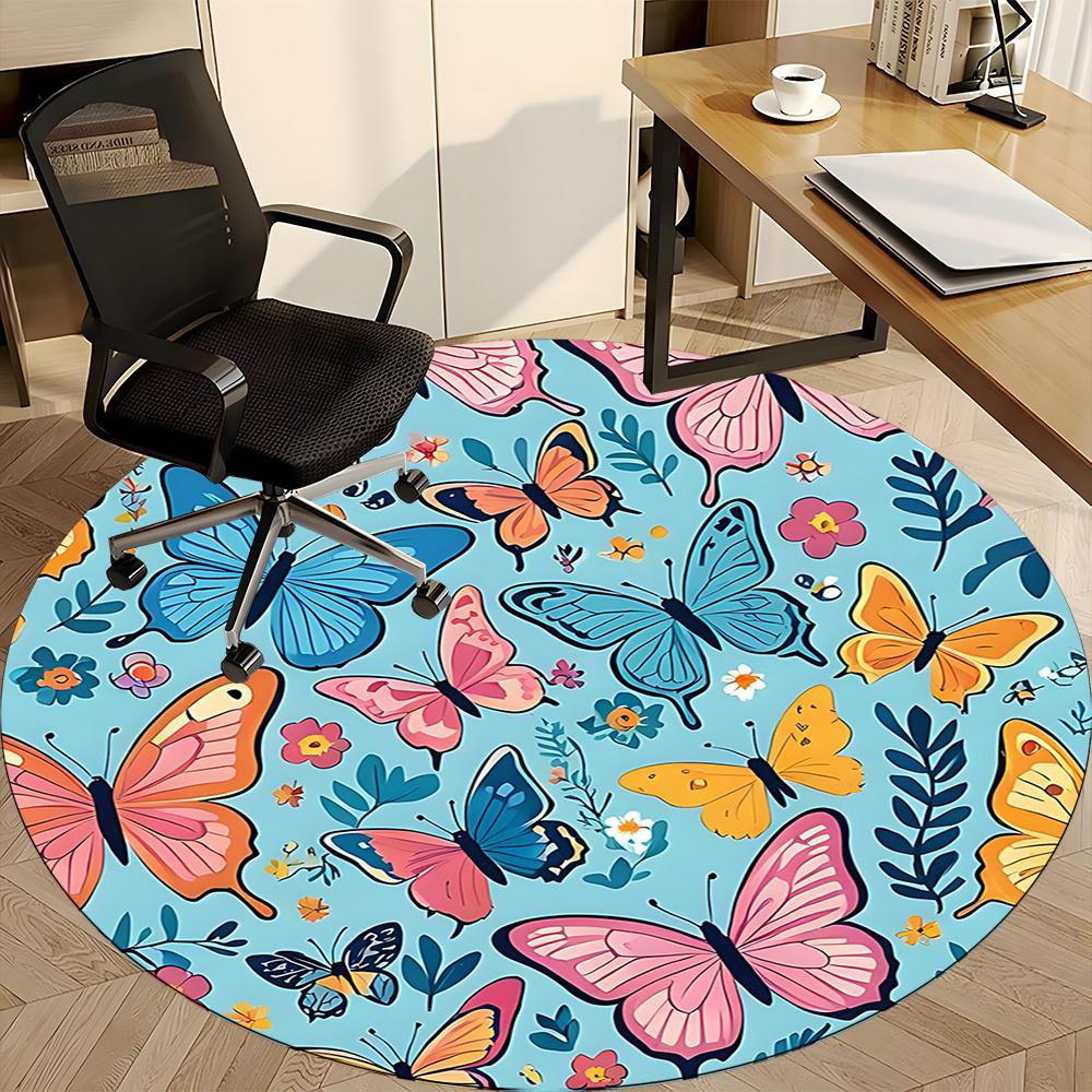 1pc Butterfly Garden Office Round Area Rug, Indoor Mat Suitable ForOffice, Under Office Chairs Bedroom Living Room Home Decor, Room Decot257