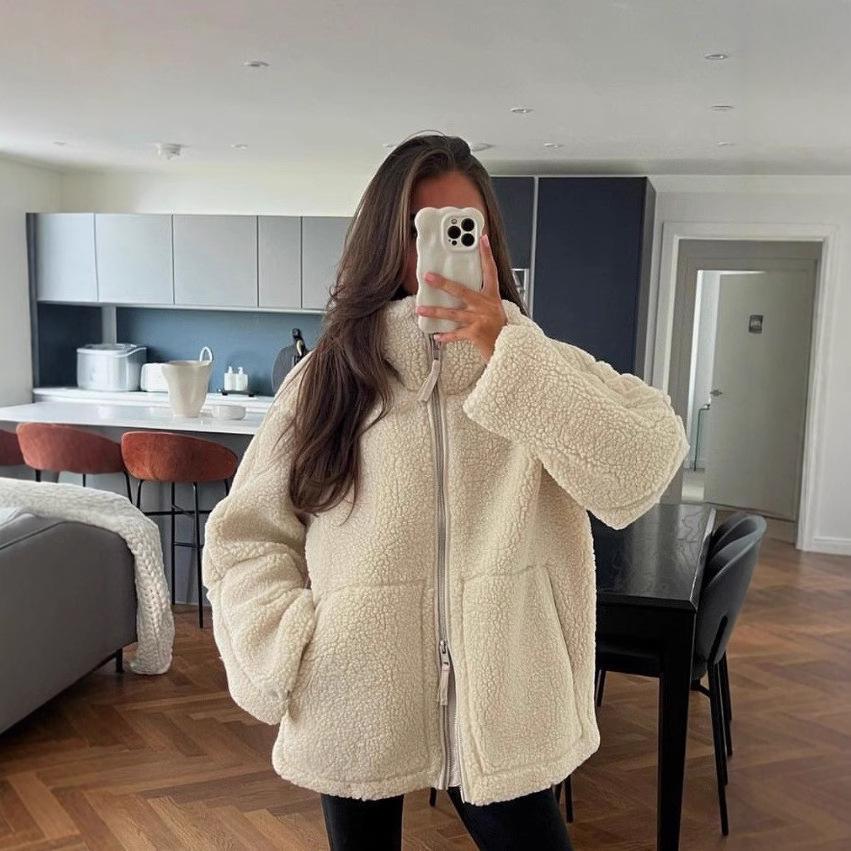 2024 Women's European & American Solid Color Lamb Wool High Collar Coat for Autumn/Winter