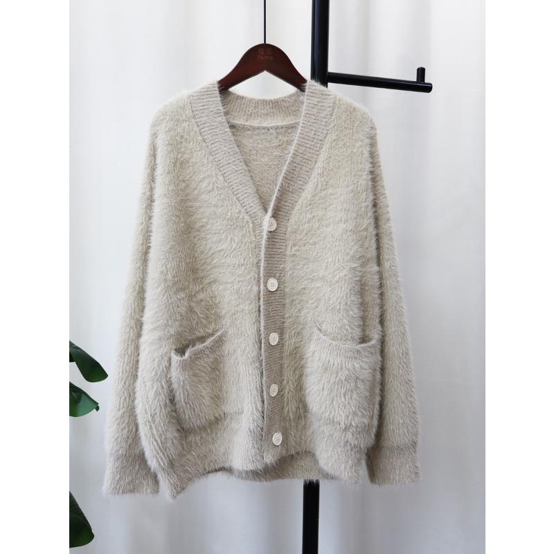 Imitation mink velvet knitted cardigan women's loose V-neck versatile solid color autumn and winter new sweater jacket thick
