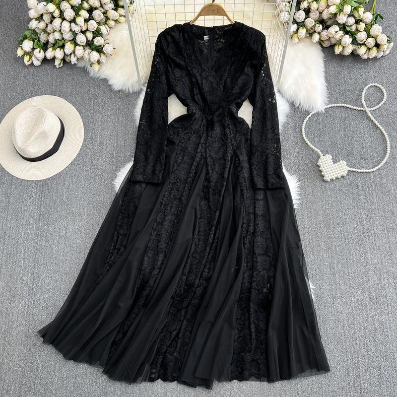 

A- line Chiffon Patchwork Dress Elegance Wide Hem Lace Black All yards