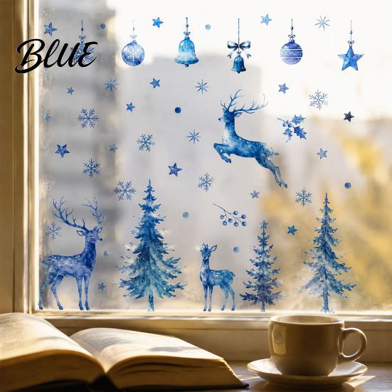 Fresh Watercolor Style Window Art Christmas Sticker Non Adhesive Blue Elk Snowflake Tree Removable PVC Holiday Decorations Wall Decal Static
