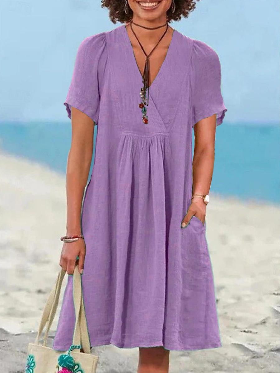 Летнее Новое Женское Повседневное Свободное Модное Ретро Хлопковое Льняное Короткий Рукав V-Образный Вырез Складчатое Платье S фиолетовый