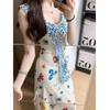 Women's French V-Neck Floral Sling Dress - Fairy Style Summer Resort A-line, High Waist, Long and Slimming