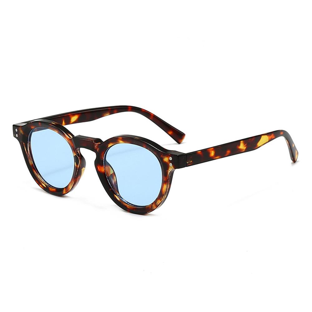  New Fashion Small Round Sunglasses Women Shades Fashion Leopard Blue Lens Men Trending Rivets Frame UV400