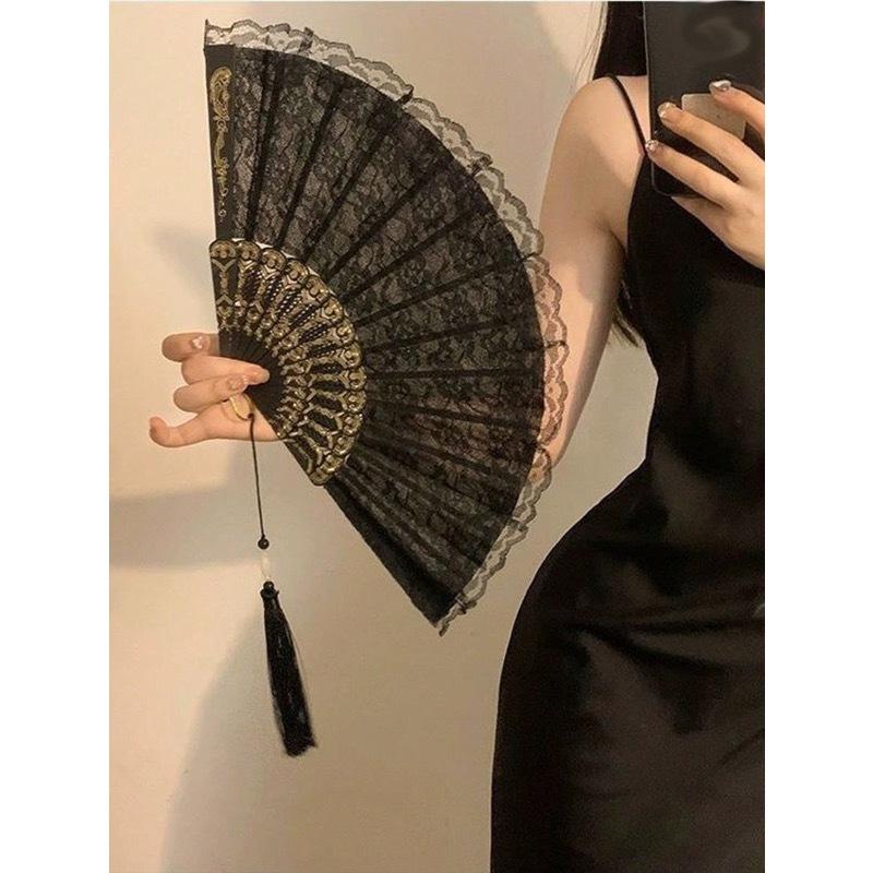 1pc New Chinese Vintage Black Lace Folding Fan Cheongsam Fan Tasseled Old-Fashioned Style Best Gifts Birthday Decorative Fan