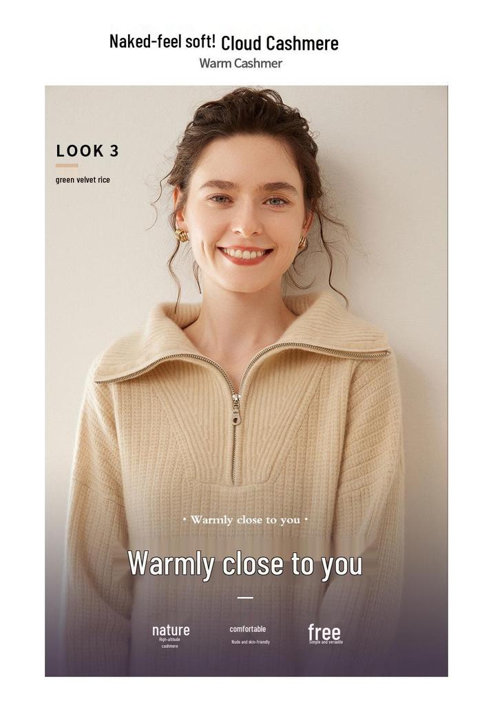Women's High Neck Pure Cashmere Sweater, Half Zip, Loose Fit, Thickened Knit for Autumn/Winter Fashion.