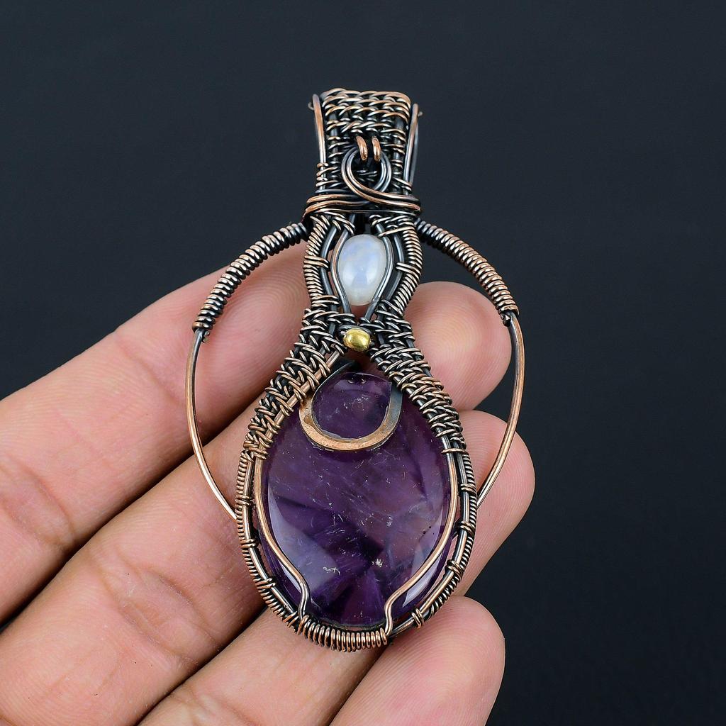 Amethyst & Mondstein Edelstein Handgefertigt Kupferdraht Wickel Schmuck Anhänger Für Frauen