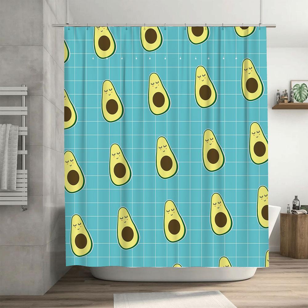 Avocado Pattern Shower Curtain Blue Grid Background with Cute Kawaii Design for Bathroom Decor