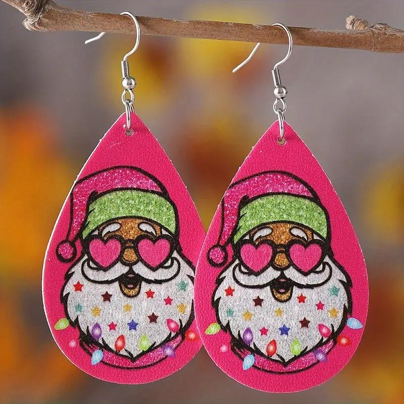 CAOSHI Christmas Cute Leopard Print Santa Claus Water Dangle Pendant Earrings Double-sided PU Earrings Accessories for Women