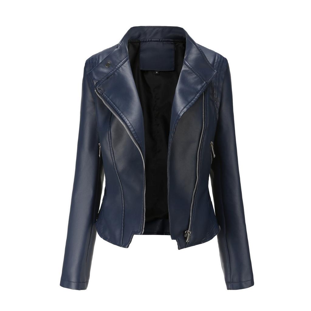Nouvelle Veste en Cuir Courte Ajustée pour Femme avec Col en Cuir PU, Vêtement d'Extérieur Fin à Manches Longues Printemps Automne