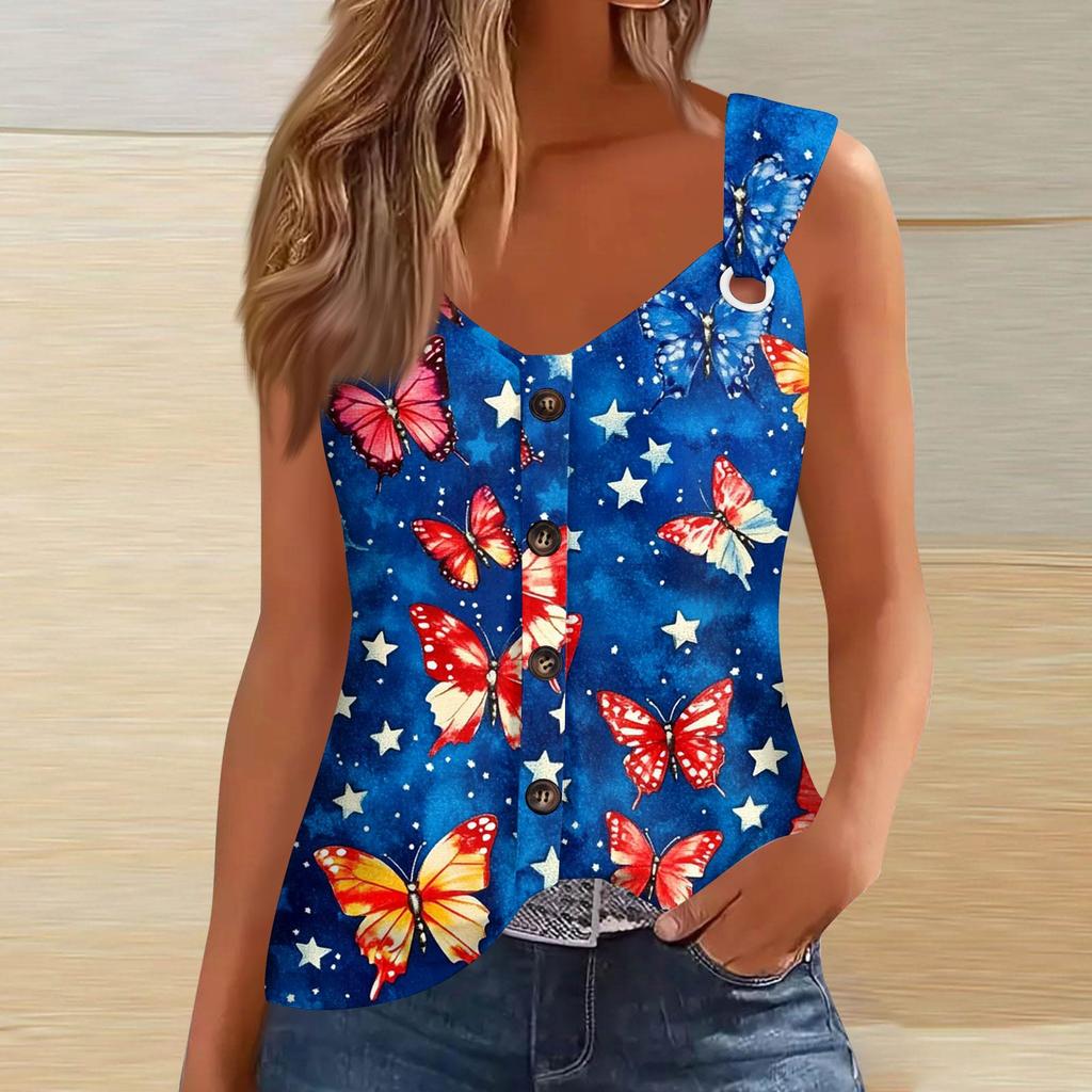 Women's Fashion Casual Loose Sleeveless Buttoned V-Neck Independence Day Printed T-Shirt Top