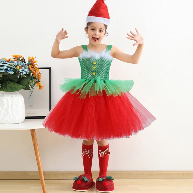 Kinder Weihnachten Elf Kostüm Zubehör für Mädchen 2-12 Weihnachten Geburtstag Fotografie Enthält Kleid und Weihnachtsmütze
