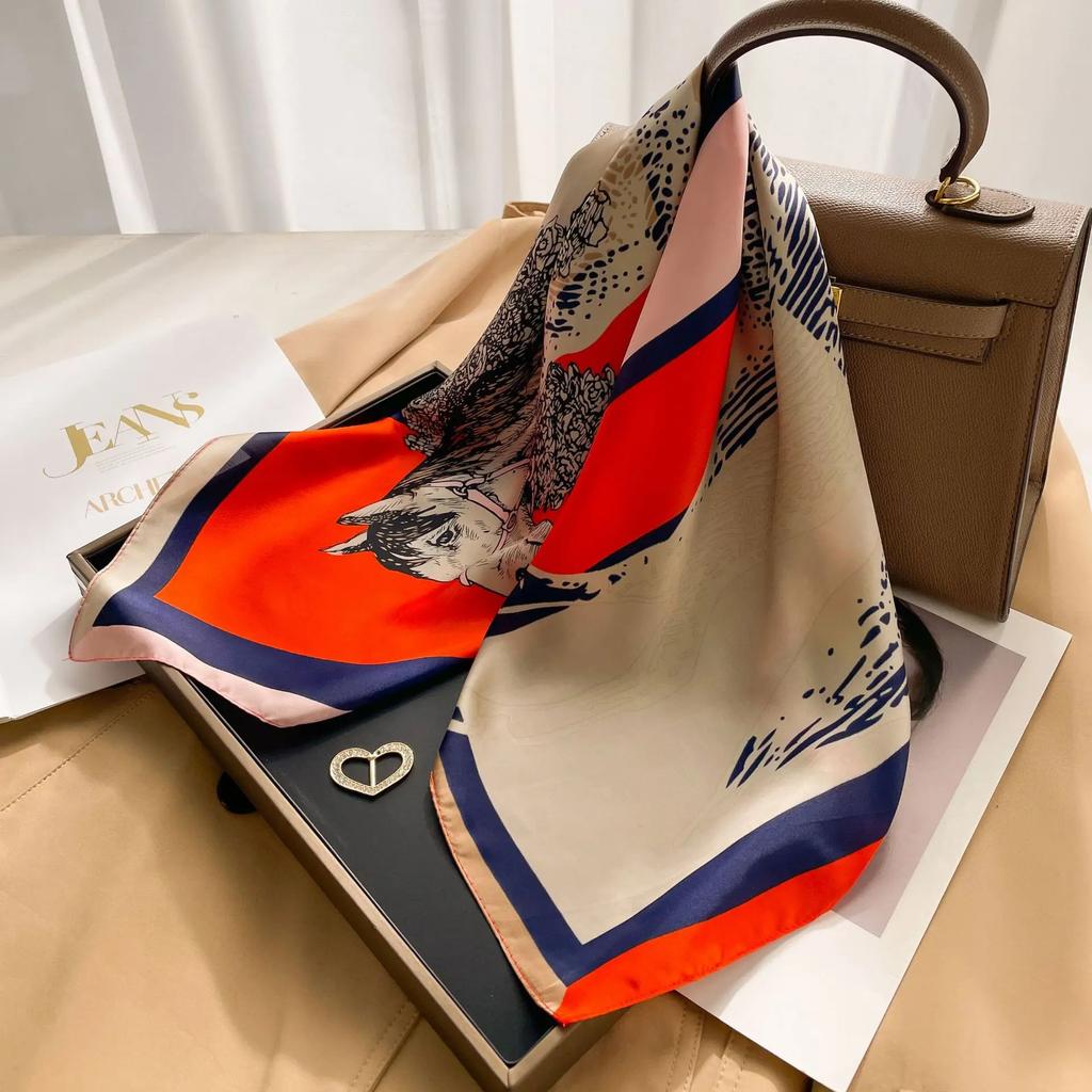 Silk Square Scarf Women 100% Real Luxury Brand Horse Print Neckerchief Female Hair Hand Bag Wrist Foualrd Scarves Bandana