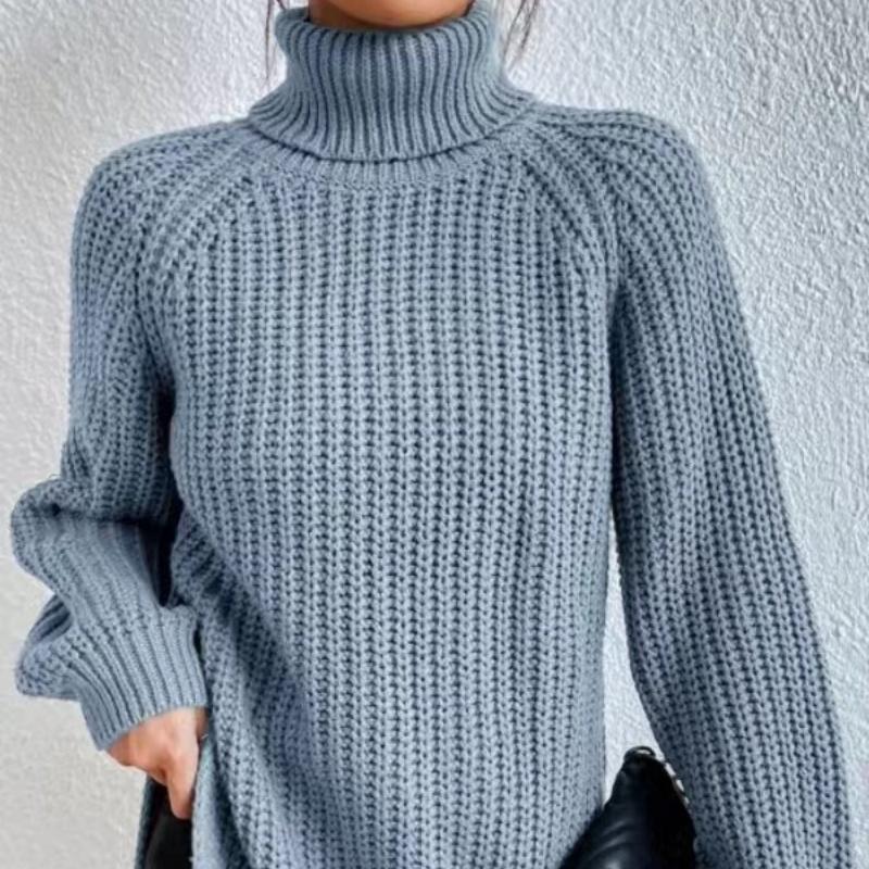 Autumn and Winter Fashion Knitwear Mid-length Raglan Sleeves High Lapel Split Sweater Women
