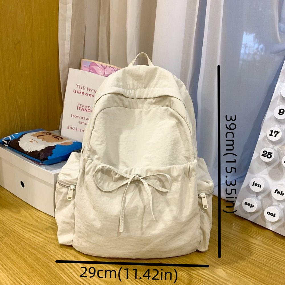 Sweet Nylon Lightweight Backpack Solid Color Travel Shoulders Bag Bow Wrinkle Backpack Women