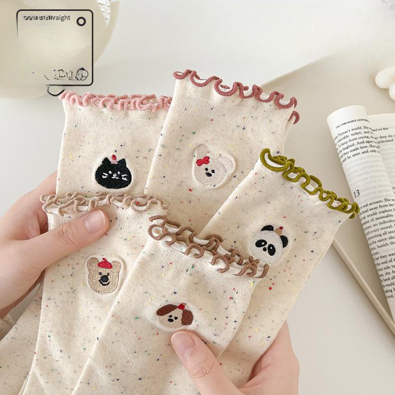 Embroidered Socks for Women, Spring and Autumn Mid-calf Socks, Black Fungus Lace Long Socks, Sweat-absorbing Pile Socks, Cute Boneless Socks